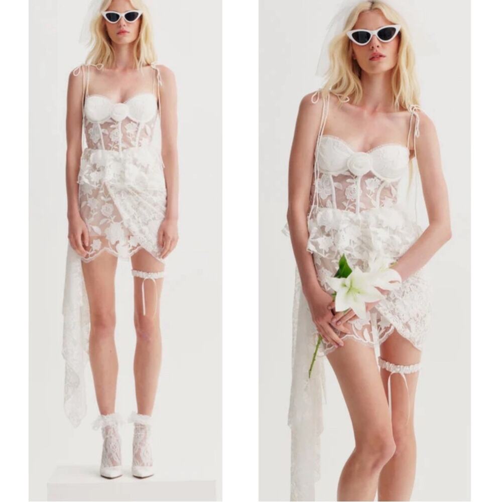 FOR LOVE & LEMONS Zara Floral Lace Bustier Rosette White Mini Dress Size Small
